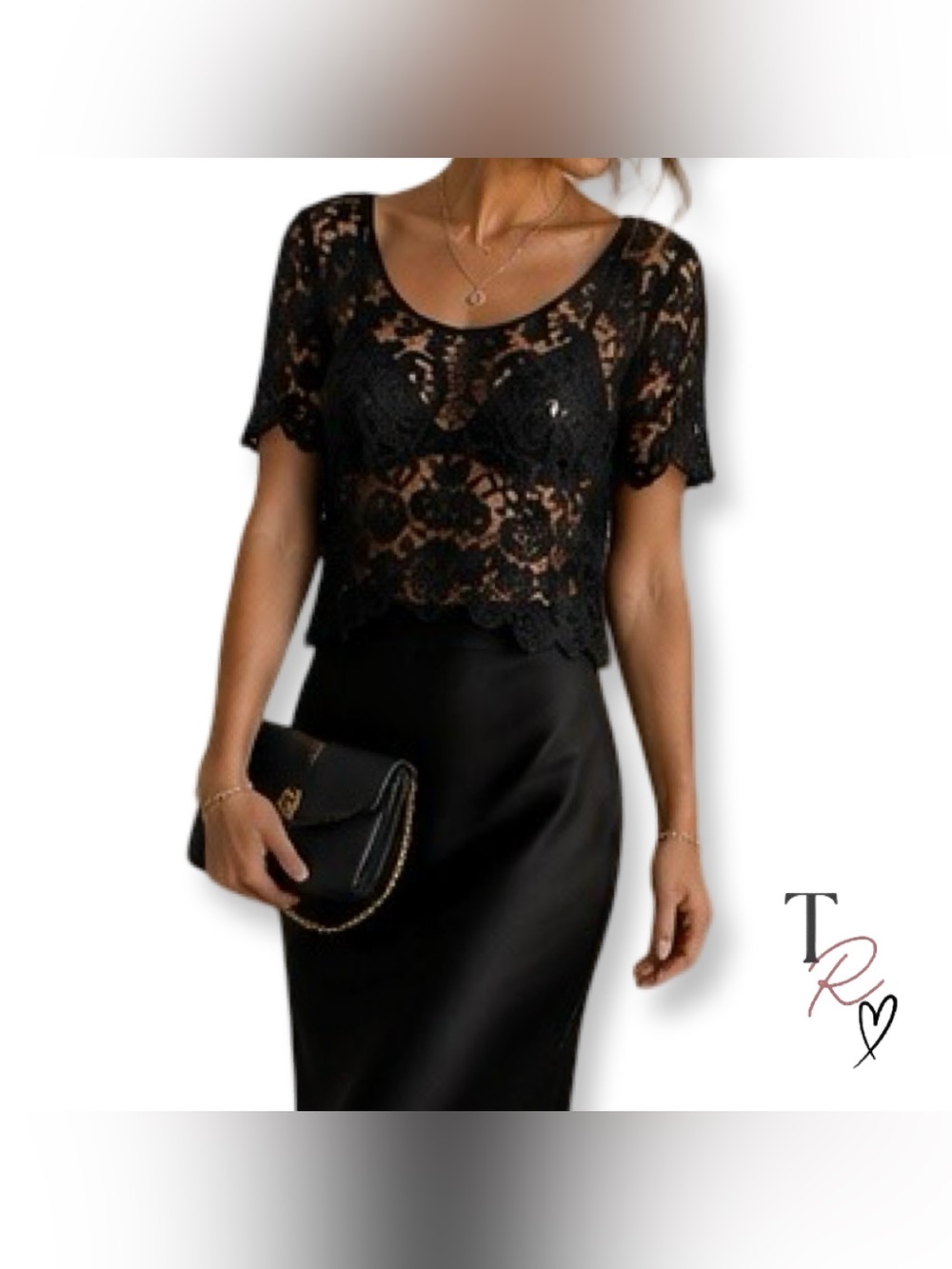 Black Boho Floral Lace Sheer Crochet Top Women’s Fits like a Petite Medium